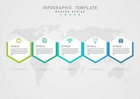 infografía modelo 5 5 negocio opciones multi de colores hexágonos eso es arreglado abajo un blanco hexágono con un letra en el medio y un icono encima con un mapa abajo un gris degradado antecedentes. vector