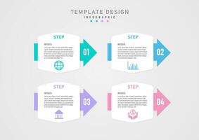 sencillo infografía modelo negocio planificación pasos multicolor flechas abajo con números en el rincones el blanco cuadrado parte superior tiene íconos y letras en el medio de un gris degradado antecedentes. vector