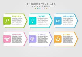 Infographic 6 steps business planning multi-colored arrows below The white top has letters. The left corner square has a white icon in the center on a gray gradient background. vector