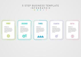 Simple infographic template 5 Product options white square Text message above and multi-colored icons below. multi colored border outline gray gradient background vector