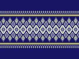 The fabric pattern is made from geometric shapes and flowers, joined together in a beautiful, unique, ethnic style. embroidery on a blue backgrounddesigned for garment, tile, clothing, textile, carpet vector