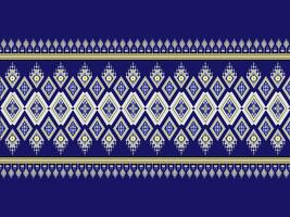 The fabric pattern is made from geometric shapes and flowers, joined together in a beautiful, unique, ethnic style. embroidery on a blue backgrounddesigned for garment, tile, clothing, textile, carpet vector