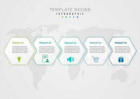 infographic template with 5 product options White hexagonal letters with colored bottom icons and multicolored outlines. World map under gray gradient background designed for business, marketing vector