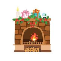 Fireplace vector. Christmas fireplace cartoon clip art. Merry christmas and happy new year clip art. Flat vector in cartoon style isolated on white background.