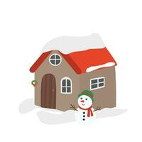 Winter landscape. Snow house. House in winter snow. Merry christmas and happy new year clip art. Flat vector in cartoon style isolated on white background.