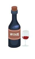 Wine bottle vector. Red wine glass vector. Alcohol liquid. Thanksgiving concept. Party concept. Flat vector in cartoon style isolated on white background.