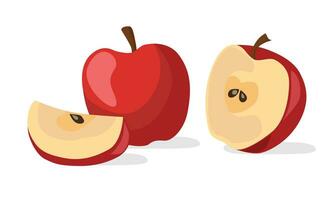 Red apple vector set. Whole, half and a quarter, piece of apple. Fruit vector. Healthy vegetarian snack food fruit. Flat vector in cartoon style isolated on white background.