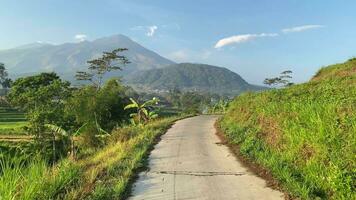 lento movimento. Basso livello pov volo al di sopra di un' bellissimo montagna sentiero, Trawas, mojokerto, Indonesia. video