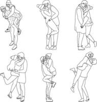 Big line art set of romantic couples in warm winter clothes. Holiday time dating. Men and women hugging and kissing. vector