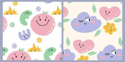 Set of two colourful childish patterns. Vector design with abstract smiling happy shapes.