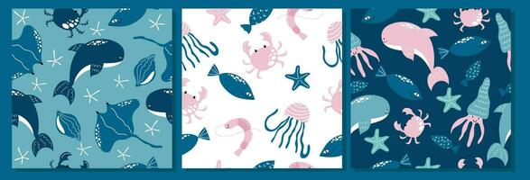 Set of seamless patterns with hand drawn underwater animals. Square vector design.