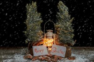 Christmas greeting cards hanging from two pine trees between a lantern in the snow photo