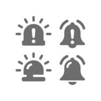 Emergency light and bell with exclamation mark icons. Alarm lamp, warning and signal icon set. vector