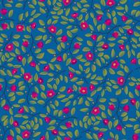 Floral background - seamless pattern, branches with leaves and bright magenta flowers on blue. Vector illustration, design for wallpaper, textile, fabric, wrapping.