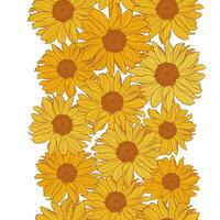 Vector vertical seamless border with yellow sunflowers with bronze outline isolated on white background. Digital art. Decorative design element for wallpaper, wrapping, textile, fabric, label design.