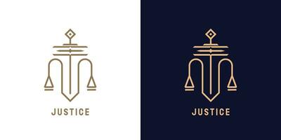 Sword of justice logo design illustration. Silhouette of a sword weighing justice law truth lawyer balance legislation firm pillar court. Simple geometric minimalist modern elegant flat icon concept. vector