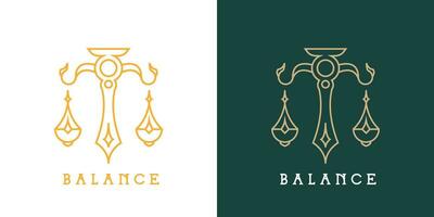 Balance scale logo design illustration. Symbol of legal scales of justice court attorney firm prosecutor judge lawyer. Icon simple antique elegant luxury majestic pride bold geometric wise honor. vector