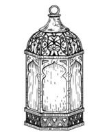 Ramadan Islamic lantern sketch. Vector arab islamic culture festival religious fanoos glowing symbol on white background. Traditional muslim poster card object