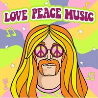 Hippie man in round sunglasses with a symbol of peace, vector illustration in the style of the 70s. Symbol pacifism and freedom.