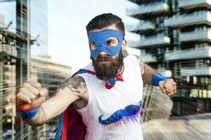 young hipster superhero fights evil photo