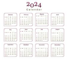 Calendar for 2024, isolated on a white background, Week starts on Sunday vector