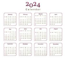 Calendar for 2024, isolated on a white background, Week starts on Sunday vector