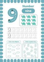 Activity page with Trace number nine.  Many exercises for kids, coloring figures vector