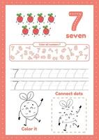 Many games on one page for preschool kids. Color page, dot to dot, trace. Learning number 7 vector