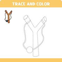 Trace and color educational worksheet for kids. Tracing slingshot. Activity color pages vector