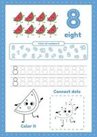 Many games on one page for preschool kids. Color page, dot to dot, trace. Learning number 8 vector