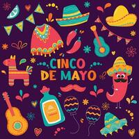 Cinco de Mayo. Mexican holiday celebration elements. Flat style. Set of objects with pinata, sambrero, chilli,  tequila, lime, flags. Vector illustration