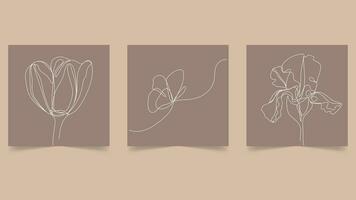 Set of three continuous one line drawing flowers and butterfly. Boho minimalist line art nature posters, modern trendy vector design. Editable stroke