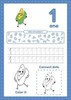 Many games on one page for preschool kids. Color page, dot to dot, trace. Learning number 1 vector