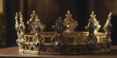 a realistic crown sits on top of a wooden table ai generated photo