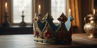 a realistic crown sits on top of a wooden table ai generated photo