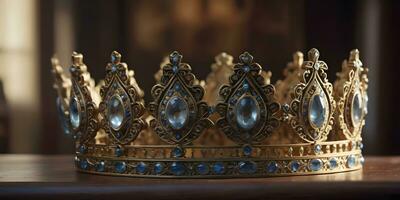a realistic crown sits on top of a wooden table ai generated photo