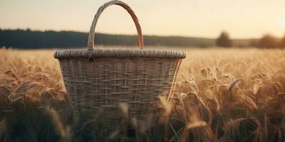 a realistic  basket is sitting in a field of wheat ai generated photo