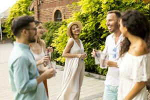 Group of young people cheering and having fun outdoors with drinks photo