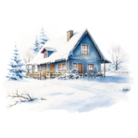 AI generated House on Snow Field For Christmas Event. Watercolor Style. AI Generated png