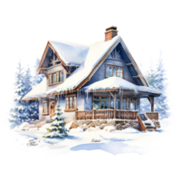 ai generado casa en nieve campo para Navidad evento. acuarela estilo. ai generado png