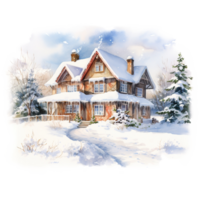 AI generated House on Snow Field For Christmas Event. Watercolor Style. AI Generated png