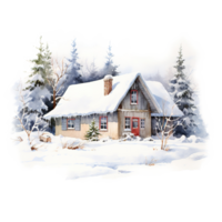 AI generated House on Snow Field For Christmas Event. Watercolor Style. AI Generated png