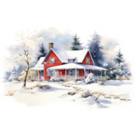 AI generated House on Snow Field For Christmas Event. Watercolor Style. AI Generated png