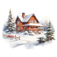 AI generated House on Snow Field For Christmas Event. Watercolor Style. AI Generated png