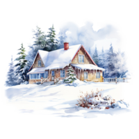 ai generiert Haus auf Schnee Feld zum Weihnachten Fall. Aquarell Stil. ai generiert png
