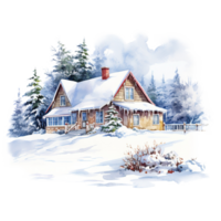 AI generated House on Snow Field For Christmas Event. Watercolor Style. AI Generated png