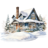 AI generated House on Snow Field For Christmas Event. Watercolor Style. AI Generated png