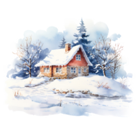 ai generiert Haus auf Schnee Feld zum Weihnachten Fall. Aquarell Stil. ai generiert png