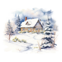 ai genererad hus på snö fält för jul händelse. vattenfärg stil. ai genererad png