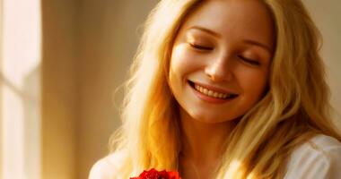 un hermosa rubia mujer participación un rojo flor ai generado foto